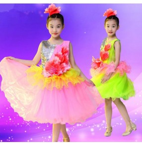 Silver sequined pink green flowers girls kids children modern dance performance jazz dance school play outfits costumes dresses